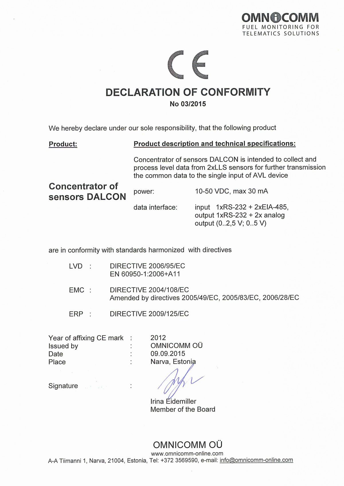 Declaration of CE Conformity OMNICOMM Dalcon