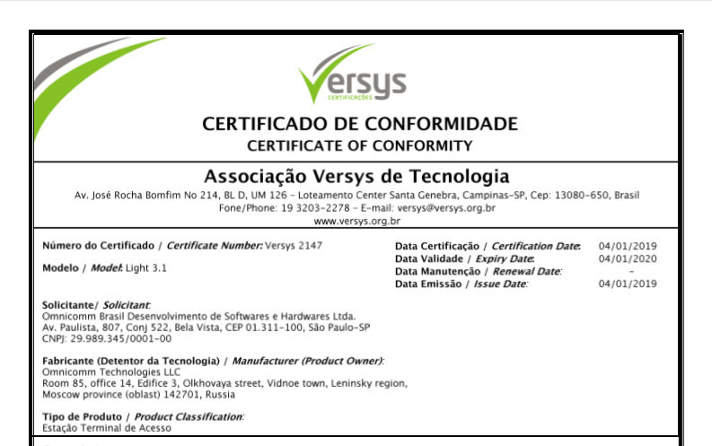 CERTIFICADO DE CONFORMIDADE ANATEL Terminal Light 3.1