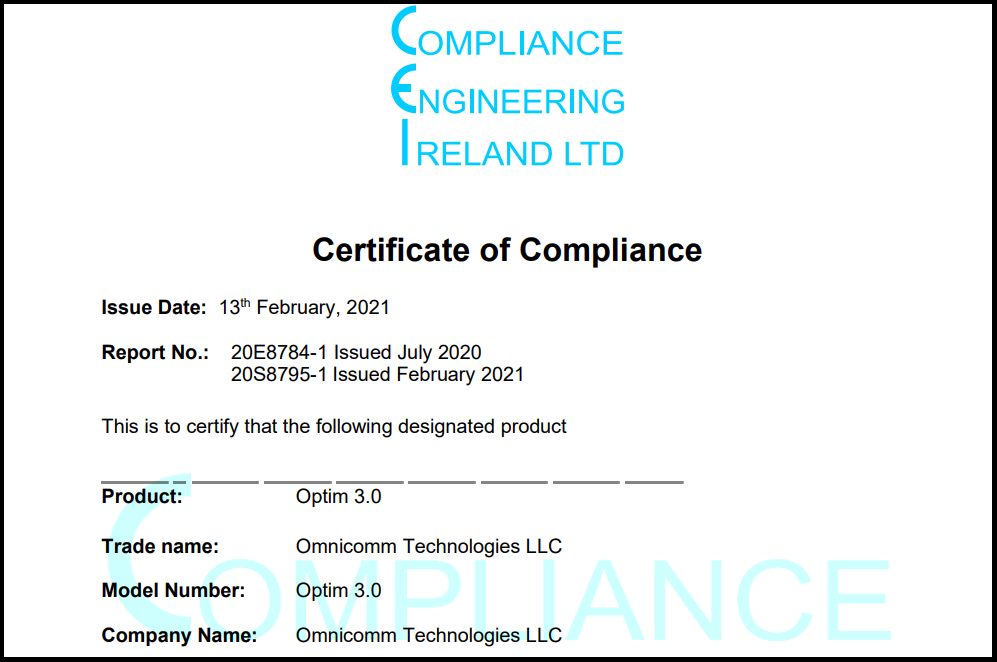 CE Certificate of Compliance for OMNICOMM Optim 3.0 GPS Tracker