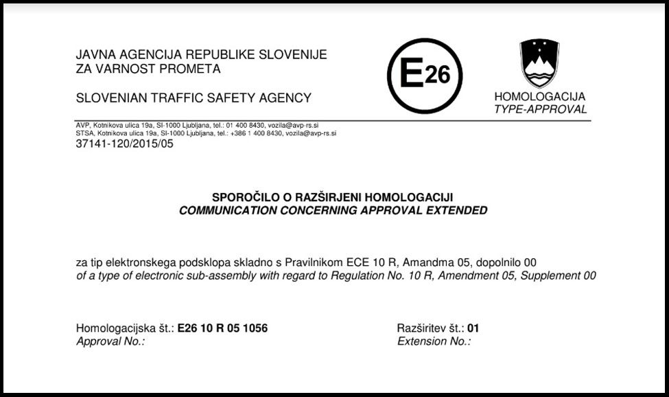 E-mark Certificate for OMNICOMM LLS-AF 4 Fuel-Level Sensor