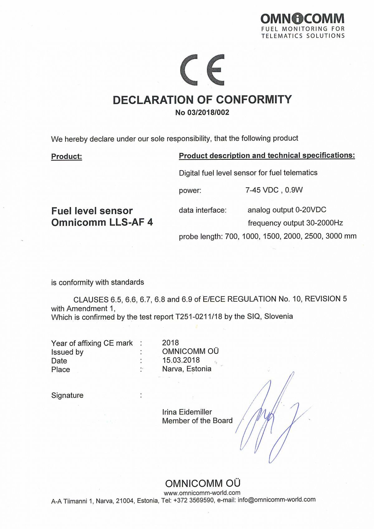 Declaration of CE Conformity OMNICOMM Fuel-Level Sensor LLS-AF 4