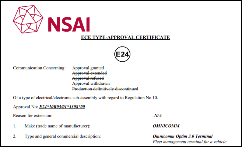 E-mark Certificate for OMNICOMM Optim 3.0 On-board Terminal