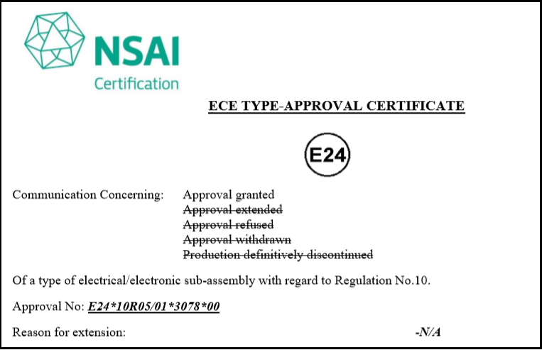 E-mark Certificate for OMNICOMM LLS-Ex 5 Fuel-Level Sensor and BIS-MX Power Protection Unit