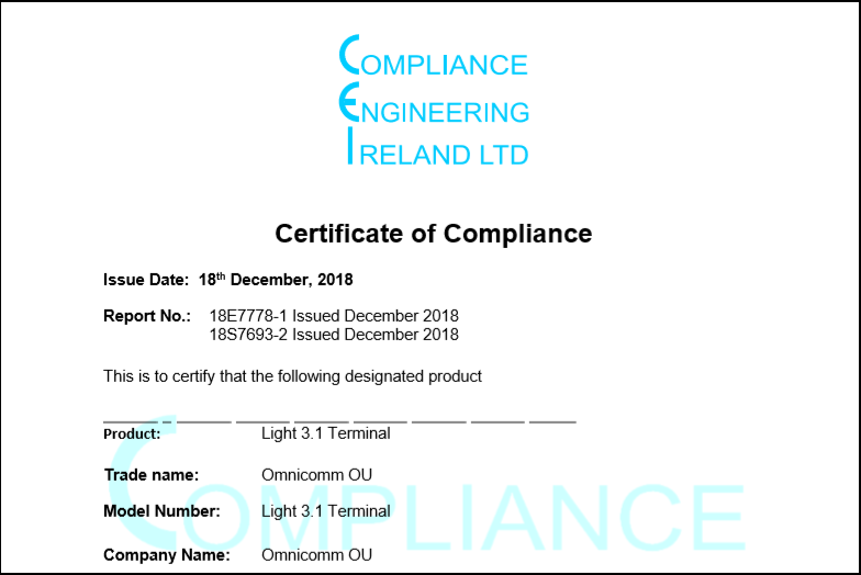 CE Certificate of Compliance for OMNICOMM Light 3.1 GPS Tracker
