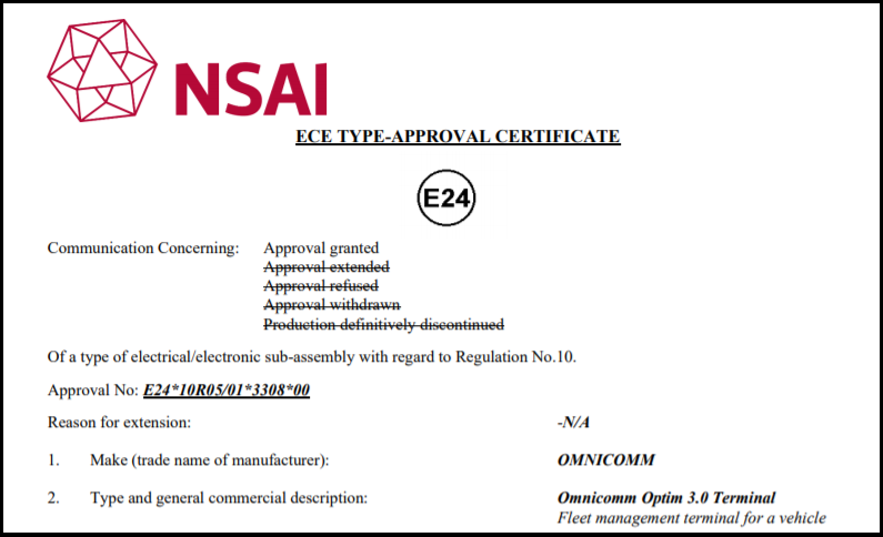 E-mark Certificate for OMNICOMM Optim 3.0 GPS Tracker