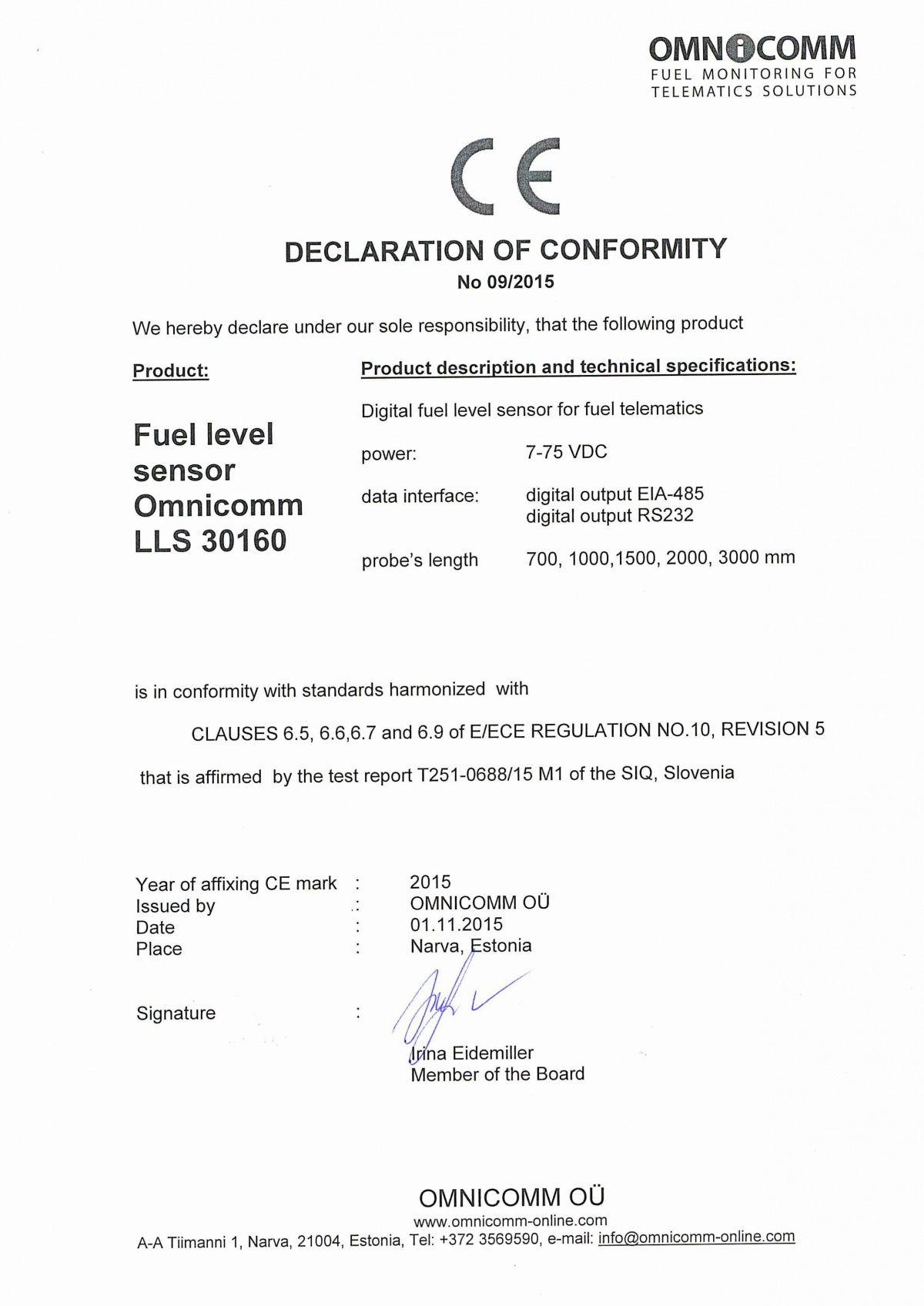Declaration of CE Conformity OMNICOMM Fuel-Level Sensor LLS 30160 