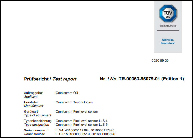 ISO 206532013-02 IP69K Protection Degree Certificate for OMNICOMM Fuel-Level Sensor