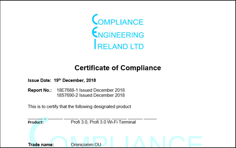 CE Certificate of Compliance for OMNICOMM Profi 3.0, Profi 3.0 Wi-Fi On-board Terminals