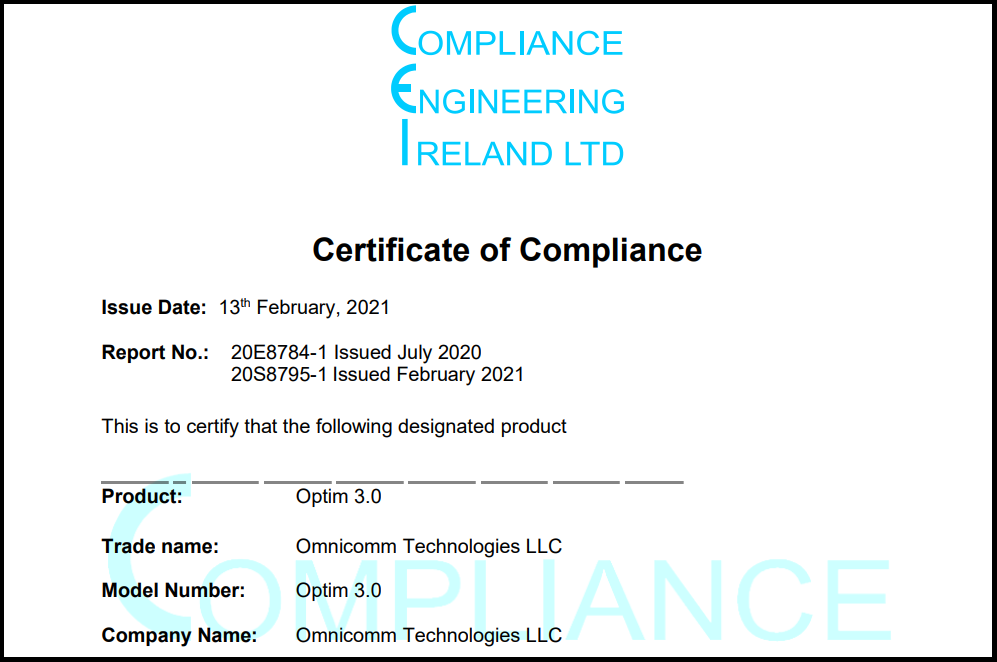 CE Certificate of Compliance for OMNICOMM Optim 3.0 On-board Terminal