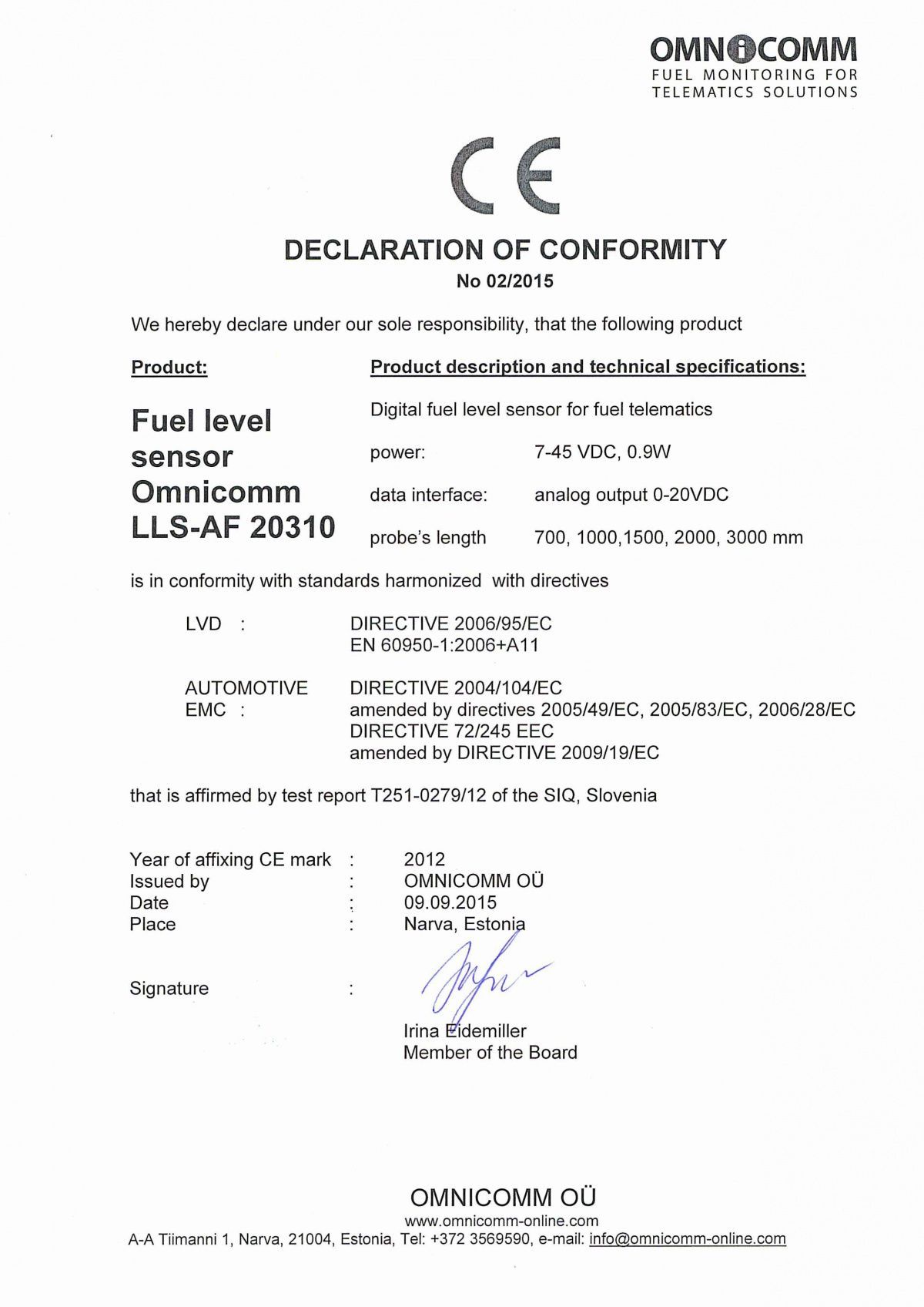 Declaration of CE Conformity OMNICOMM Fuel-Level Sensor LLS-AF 20310 