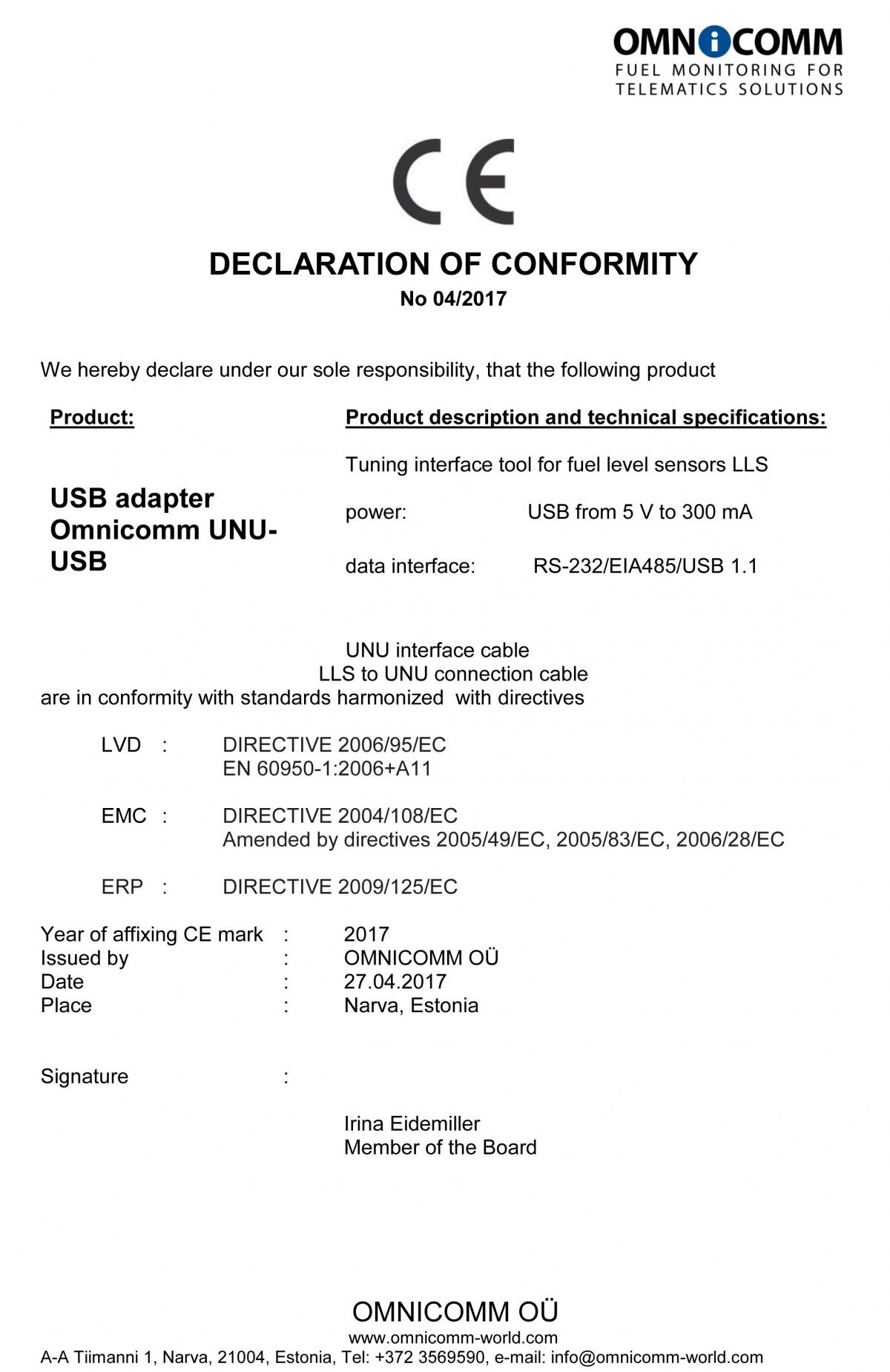 Declaration of CE Conformity OMNICOMM UNU_USB Connector Kit