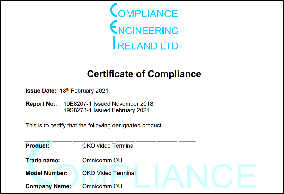 CE Certificate of Compliance for OMNICOMM OKO Video Terminal