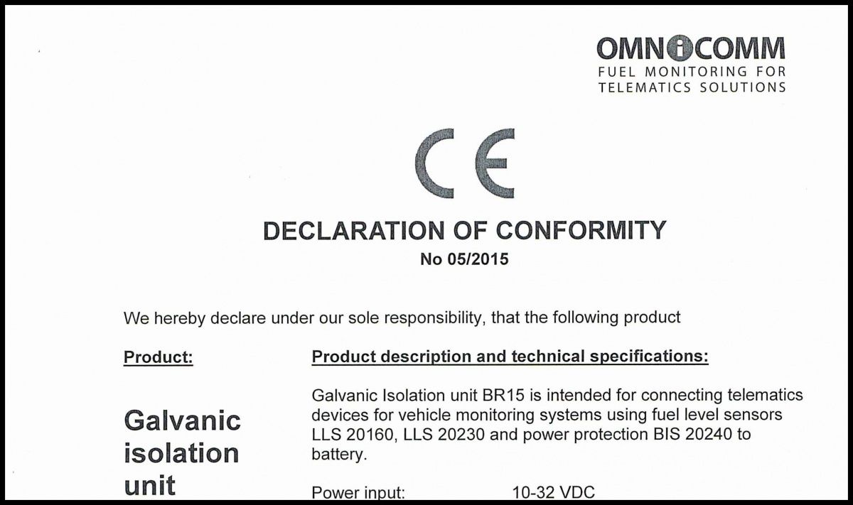 Declaration of CE Conformity OMNICOMM Galvanic Isolation Unit