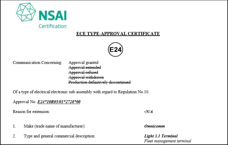 E-mark Certificate for OMNICOMM Light 3.1 On-board Terminal