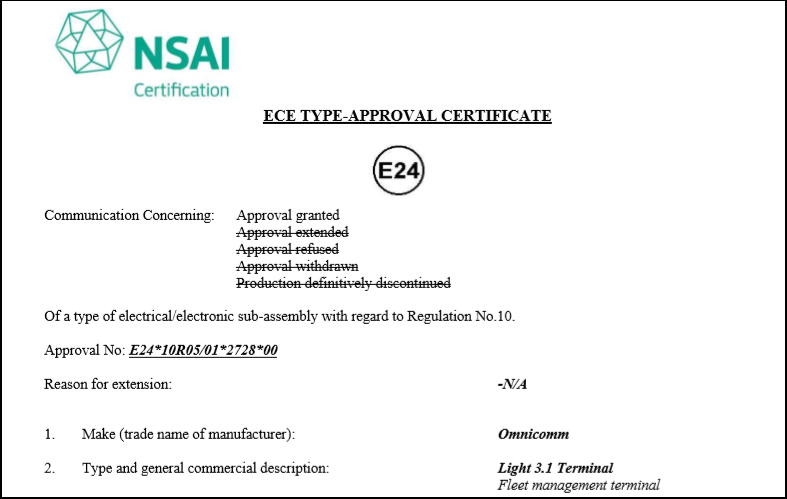 E-mark Certificate for OMNICOMM Light 3.1 GPS Tracker