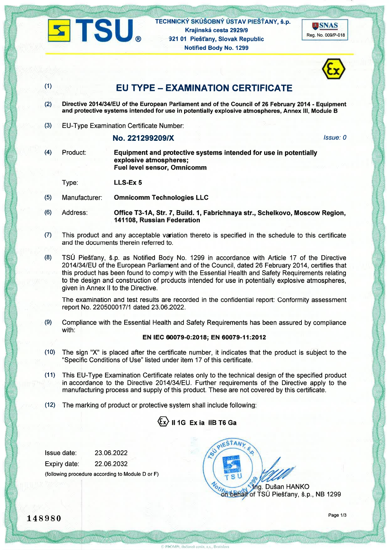Fuel level sensor Omnicomm LLS-Ex 5. Certificate of Conformity with ATEX Directive 201434EU