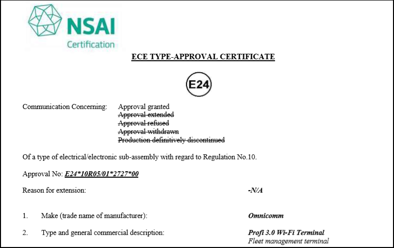 E-mark Certificate for OMNICOMM Profi 3.0, Profi 3.0 Wi-Fi GPS Trackers