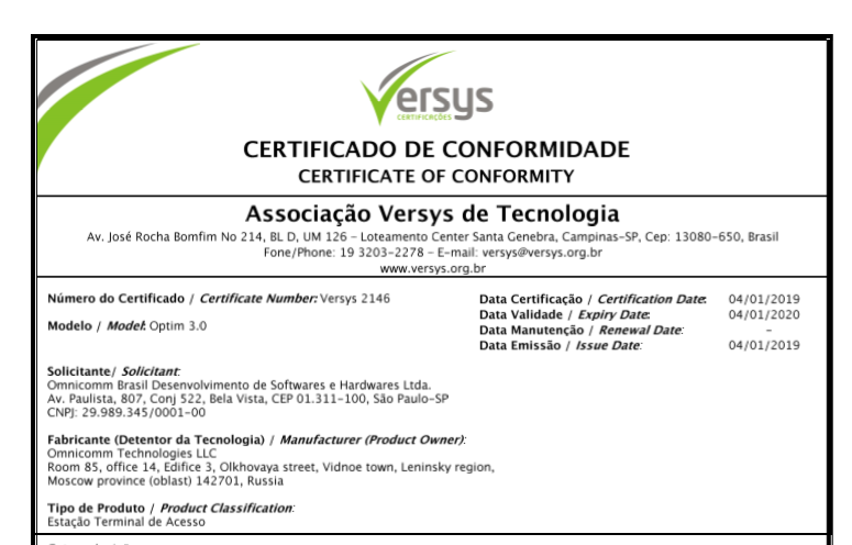 CERTIFICADO DE CONFORMIDADE ANATEL Terminal Optim 3.0