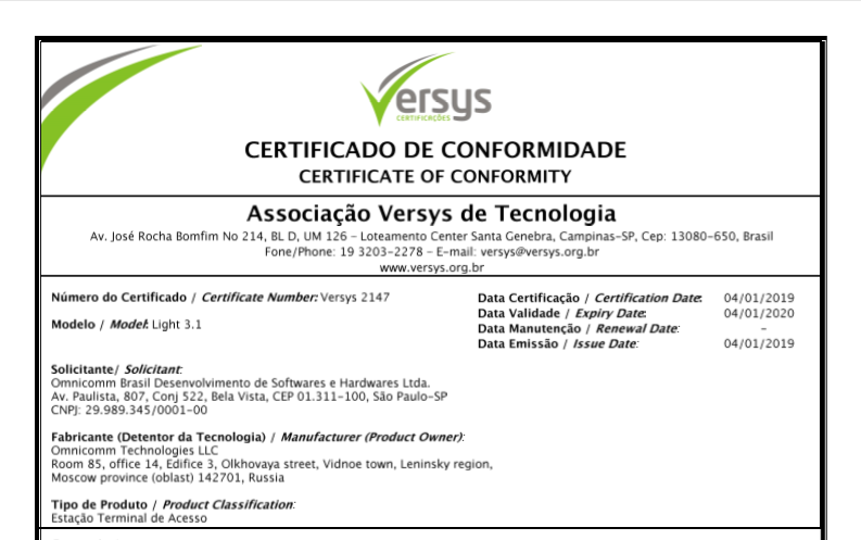 ANATEL Certificate of Conformity for OMNICOMM Light 3.1 GPS Tracker