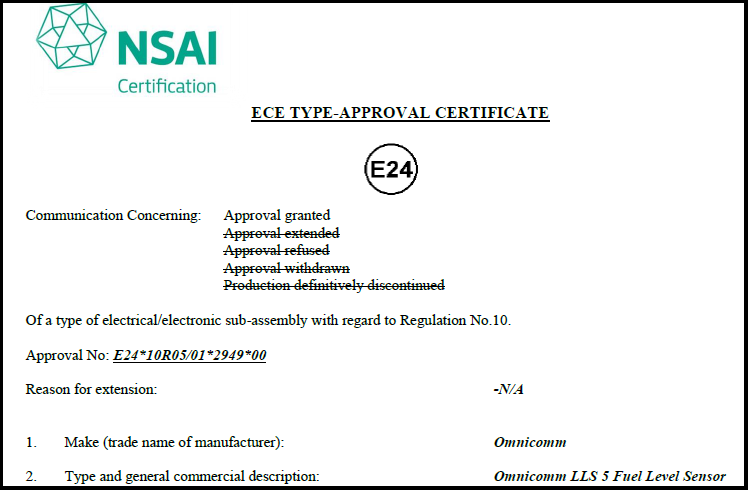 E-mark Certificate for OMNICOMM LLS 5 Fuel-Level Sensor