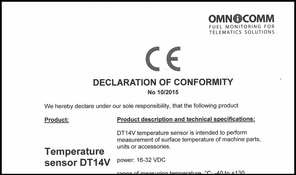 Declaration of CE conformity OMNICOMM Temperature Sensor DT14V