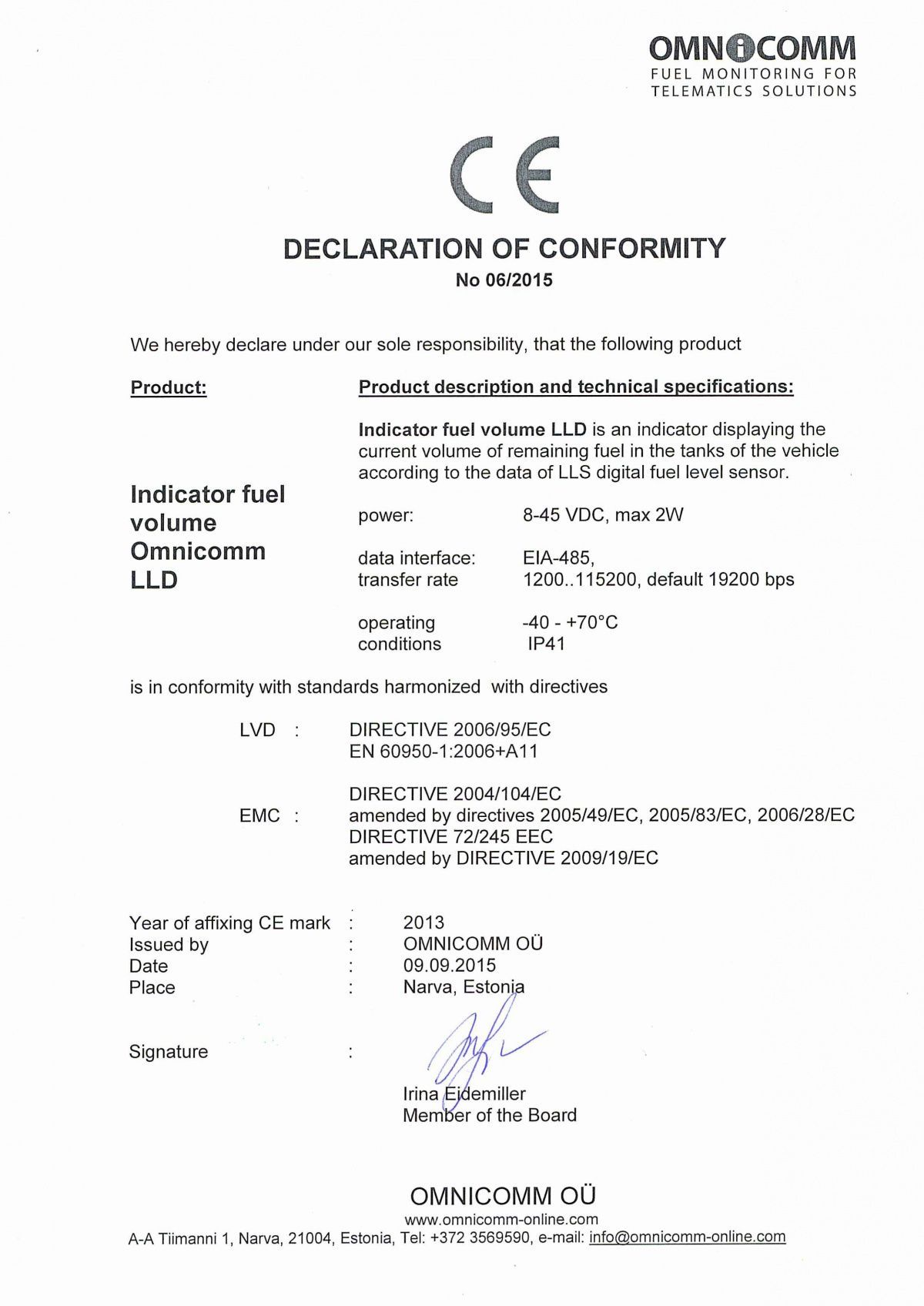 Declaration of CE Conformity OMNICOMM LLD Indicator Display