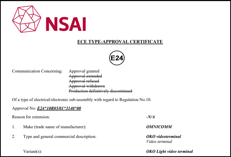 E-mark Certificate for OMNICOMM OKO Video Terminal
